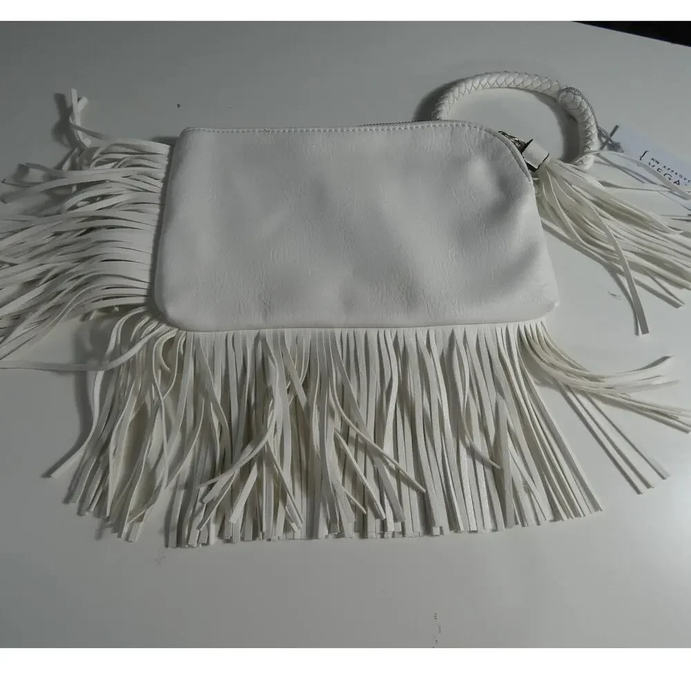 Calin Collection White Vegan Faux Leather Fringed Wristlet/Handbag Zipper NWT